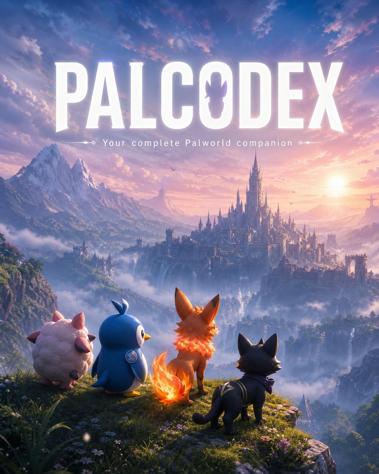 PalCodex — a cinematic view of Palworld creatures overlooking a distant castle at dawn